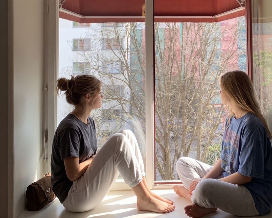 two girls sitting beside a window, watching outside, mind shift in comparison