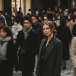 woman standing in a moving crowd, mind shift on comparison