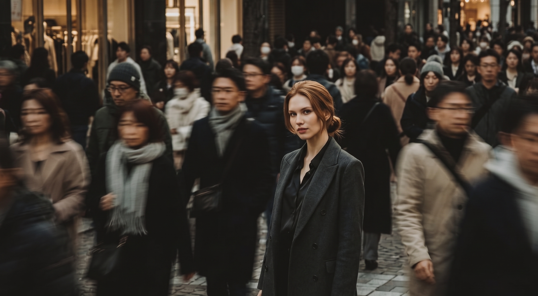 woman standing in a moving crowd, mind shift on comparison