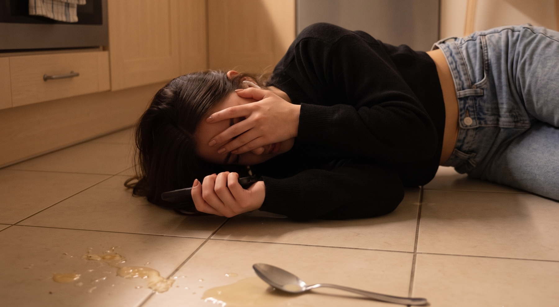 girl is lying on the kitchen floor with her arms on the face, stressed, and a fallen spoon beside her