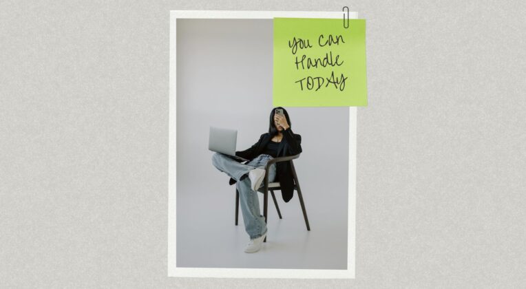 Words of Affirmation on sticky note over a photo of woman with laptop on a chair