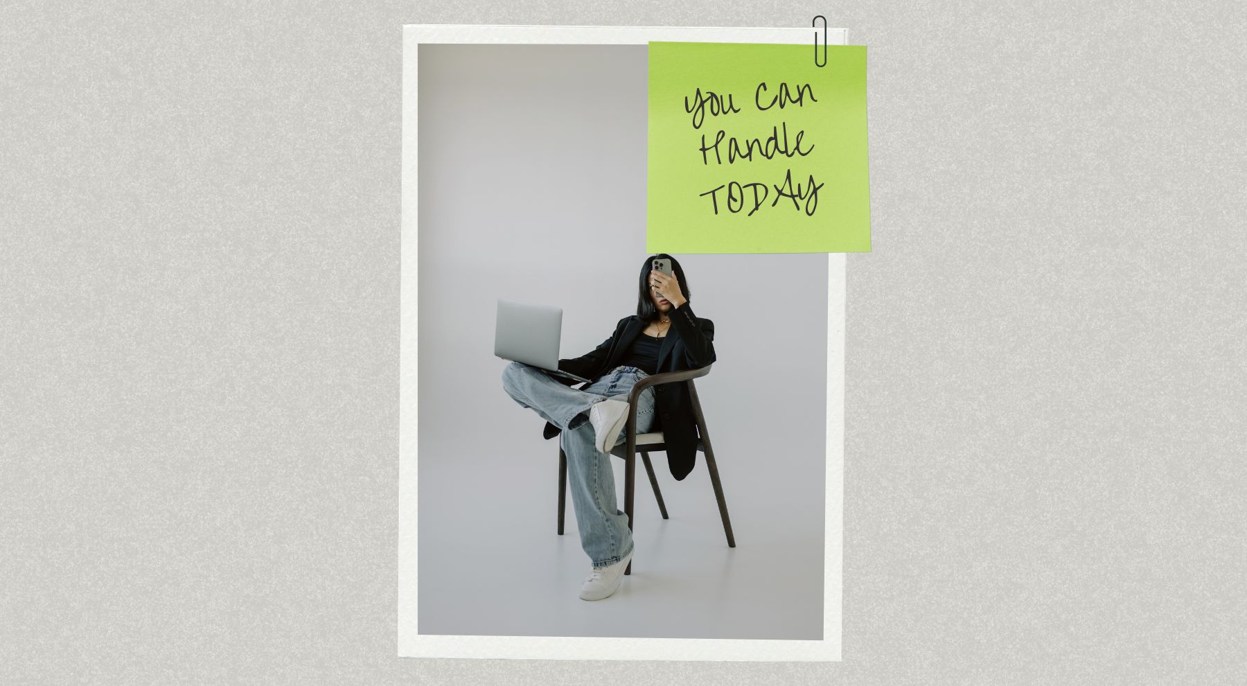 Words of Affirmation on sticky note over a photo of woman with laptop on a chair